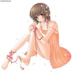  blush breasts brown_hair cleavage feet orange_eyes short_hair sitting smile thigh-highs thighhighs 