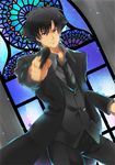  bad_id bad_pixiv_id black_eyes black_hair emiya_kiritsugu fate/zero fate_(series) gun handgun male_focus solo stained_glass w_m_wannko weapon 