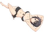  armpits arms_behind_head barefoot bikini black_eyes black_hair blush breasts duplicate front-tie_top full_body gj-bu large_breasts looking_at_viewer lying mori_(gj-bu) navel on_back short_hair side-tie_bikini simple_background smile solo swimsuit tenchisouha white_background 