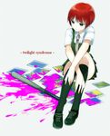  baseball_bat blood blood_splatter danganronpa freckles green_eyes koizumi_mahiru necktie photo_(object) red_hair school_uniform short_hair sitting solo super_danganronpa_2 towa1 