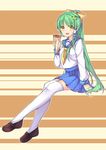  alternate_costume amemiya_ruki berries blush crepe food frog_hair_ornament fruit green_hair hair_ornament hair_ribbon hair_tubes highres kochiya_sanae long_hair open_mouth ponytail ribbon school_uniform serafuku sitting skirt snake_hair_ornament thighhighs touhou white_legwear yellow_eyes zettai_ryouiki 