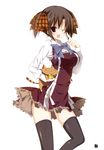  :&lt; ;d absurdres ass_visible_through_thighs bell black_legwear breasts brown_eyes brown_hair cat dress ebiten_(manga) highres holding inugami_kira large_breasts long_sleeves looking_at_viewer one_eye_closed open_mouth smile thighhighs todayama_kyouko zettai_ryouiki |_| 