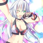  :d alternate_costume bangle black_heart blush bracelet breasts choker cleavage fingerless_gloves gloves green_eyes jewelry long_hair looking_at_viewer medium_breasts microphone midriff minagi navel neptune_(series) one_eye_closed open_mouth smile solo symbol-shaped_pupils very_long_hair white_hair 