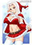  blush breasts cape christmas cleavage fate_(series) fur-trimmed_cape fur_trim hat hooded_cape irisviel_von_einzbern large_breasts microskirt navel red_eyes rud-k santa_costume santa_hat santa_outfit short_cape silver_hair skirt smile snowflake_background snowflakes_background thigh-highs watermark web_address 