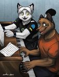  anime_eyes anthro biceps black_nose brown_fur brown_nose canine cat claws clothed clothing duo feline fur hair inpu male mammal music musical_instrument open_mouth pants paws piano sheet_music shirt short_hair smile teeth text tongue wfa white_fur white_hair wolf wristband yellow_eyes 