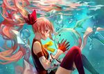  ask_(askzy) breasts bubble gloves hair_ribbon holding_breath long_hair medium_breasts pink_eyes pink_hair pixiv_fantasia pixiv_fantasia_new_world ponytail red_gloves ribbon solo thighhighs underwater wet wet_clothes 