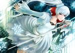  blue_eyes copyright_name dress hair_ornament holding holding_sword holding_weapon jewelry left-handed long_hair myrtenaster necklace ponytail rapier rwby signature solo sword weapon weiss_schnee white_hair zen_(jirakun) 