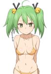  ahoge arms_behind_back bell bikini breasts gj-bu green_eyes green_hair hair_bell hair_ornament hair_ribbon jingle_bell kannazuki_tamaki long_hair looking_at_viewer medium_breasts navel ribbon side-tie_bikini simple_background solo swimsuit tenchisouha translated twintails white_background 