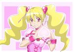  blonde_hair choker cure_peach earrings fresh_precure! hair_ornament heart heart_hands jewelry long_hair miyama_akira momozono_love parted_lips pink_eyes precure smile solo twintails wristband 