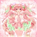  akairo_no_mako cherry detached_sleeves food fruit hatsune_miku highres long_hair necktie open_mouth outstretched_arms petals pink_eyes pink_hair sakura_miku skirt solo thighhighs twintails very_long_hair vocaloid 