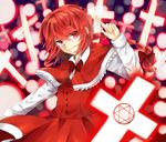  bow bowtie capelet cross danmaku dress okazaki_yumemi phantasmagoria_of_dim.dream red_capelet red_eyes red_hair smile solo touhou touhou_(pc-98) tsukikusa 