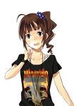  ahoge blush bracelet brown_eyes brown_hair clothes_writing hair_ornament hair_scrunchie idolmaster idolmaster_million_live! jewelry long_hair necklace print_scrunchie scrunchie shirt side_ponytail solo star star_print t-shirt teru_(grafroller) yokoyama_nao 