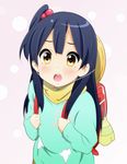  :o backpack bag black_hair blush brown_eyes chin_strap hair_bobbles hair_ornament hat kitashirakawa_anko long_hair looking_up one_side_up open_mouth randoseru school_hat solo spiceg tamako_market 