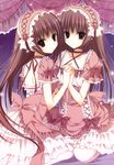  absurdres black_eyes brown_hair copyright_request dress frills hairband highres holding_hands inugami_kira lolita_fashion lolita_hairband multiple_girls siblings sisters too_many too_many_frills twins 