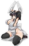  armpits black_hair black_legwear blade blue_eyes breasts cleavage detached_sleeves exaxuxer hair_ornament hairclip highres huge_breasts iroha_(samurai_spirits) japanese_clothes looking_at_viewer maid maid_headdress samurai_spirits short_hair sideboob simple_background sitting smile solo sword thighhighs wariza weapon white_background 