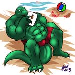  anthro beach beach_ball biceps bulge chubby claws clothing crabs dinosaur doomix ereader flexing fruit green_skin invalid_tag lying male musclegut muscles nipples on_back pecs pineapple pose reptile sand scales scalie seaside shorts solo swimming_shorts swimsuit tablet theropod toe_claws topless tyrannosaurus_rex vein wolf_urameshi wolfurameshi 
