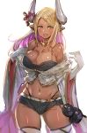  bangs blonde_hair bow_(bhp) breasts camisole cape cleavage dark_skin draph elbow_gloves fur_trim gloves granblue_fantasy gyaru horns jewelry kuvira_(granblue_fantasy) large_breasts long_hair looking_at_viewer midriff multicolored_hair navel necklace open_mouth parted_bangs pointy_ears ribbon short_shorts shorts smile solo standing thighhighs white_gloves yellow_eyes 