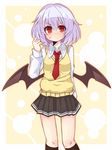  alternate_costume bat_wings black_legwear blush cardigan highres kikiriri kneehighs lavender_hair looking_at_viewer low_wings necktie red_eyes remilia_scarlet school_uniform short_hair skirt solo sweat thigh_gap touhou wings 