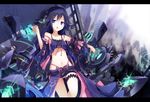  bare_shoulders black_hair blue_eyes breasts chestnut_mouth detached_sleeves ichiyan long_hair mecha_musume medium_breasts microskirt midriff navel open_mouth original panties pantyshot shorts skirt solo strap_slip thigh_strap underboob underwear 