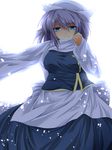  apron blue_eyes breasts hat highres large_breasts letty_whiterock light_particles long_sleeves looking_at_viewer nekominase purple_hair scarf shirt skirt skirt_set smile solo touhou waist_apron white_scarf 