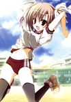  :d absurdres aquarian_age arms_up black_legwear brown_hair buruma fang gym_uniform highres inugami_kira jumping open_mouth red_eyes school shoes smile thighhighs two_side_up 