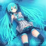  adapted_costume afloat aqua_eyes aqua_hair belt chain detached_sleeves hatsune_miku headphones long_hair lying necktie on_back partially_submerged short_shorts shorts solo thighhighs twintails very_long_hair vocaloid water window1228 