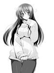  black_legwear blush breasts greyscale large_breasts long_hair long_sleeves looking_at_viewer md5_mismatch monochrome original panties panties_under_pantyhose pantyhose ribbed_sweater sasayuki simple_background sketch solo sweater underwear white_background 