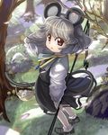  animal_ears basket capelet cherry_blossoms dowsing_rod flower forest gem grass grey_hair highres jewelry looking_at_viewer mouse mouse_ears mouse_tail nature nazrin necklace open_mouth pendant petals red_eyes rock shirt shope short_hair skirt skirt_set solo standing tail touhou tree wind 