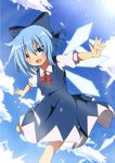  blue_dress blue_eyes blue_hair blue_sky blush bow cirno cloud day do_(4-rt) dress hair_bow highres ice ice_wings looking_at_viewer open_mouth outstretched_arms puffy_sleeves short_sleeves sky smile solo touhou wings 