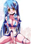  :o after_sex aqua_hair bikini bikini_pull blush breasts cleavage cum detached_sleeves frog_hair_ornament hair_ornament kochiya_sanae large_breasts long_hair miuku_(marine_sapphire) navel sitting snake_hair_ornament solo swimsuit touhou wariza yellow_eyes 