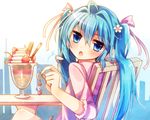  ahoge blue_eyes blue_hair blush chair food hair_ribbon hatsune_miku ice_cream jewelry long_hair moe_on_drop open_mouth ribbon sitting solo sundae table twintails upper_body vocaloid 