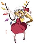  :d \o/ arms_up ascot blonde_hair blush bobby_socks fang flandre_scarlet full_body hat hat_ribbon head_tilt long_hair looking_at_viewer mary_janes open_mouth outstretched_arms outstretched_hand red_eyes ribbon shoes side_ponytail simple_background skirt skirt_set smile socks solo takatsuki_ichi touhou white_background white_legwear wings 