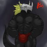  abs anthro balls biceps big_balls big_muscles big_penis black_skin blackwargreymon blonde_hair body_markings bulge digimon doomix drayce flexing hair helmet horn huge_muscles looking_at_viewer male markings mask muscles nipples pecs penis pose red_eyes saixyuniz-xynz scales solo speedo standing stripes swimsuit tattoo toned topless underwear vein wargreymon 