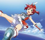  :d artist_request bike_shorts boots brown_eyes cloud day flying hat hat_feather isshiki_akane official_art open_mouth outstretched_arms palette_suit red_hair scrunchie short_twintails sky smile solo spread_arms twintails vividred_operation 