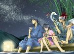  2boys abarai_renji bad_id bad_pixiv_id bamboo barefoot black_eyes black_hair bleach chopsticks eating japanese_clothes kimono kuchiki_byakuya kuchiki_rukia mozukuzukuzuku multiple_boys nue red_hair sitting snake soaking_feet star yellow_eyes zabimaru 