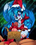  abstract_background areola big_breasts black_nose blue_hair blush bow box breasts brown_skin canine christmas crystal-for-ever duo erection female fox gift hair hat holidays humanoid_penis long_hair male mammal nipples nude open_mouth penis purple_eyes solo_focus tongue unknown_species 