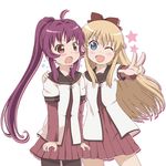  :d ahoge black_legwear blonde_hair blue_eyes bow flying_sweatdrops hair_bow hair_intakes ki_(adotadot) long_hair long_sleeves looking_at_viewer multiple_girls nanamori_school_uniform one_eye_closed open_mouth pantyhose ponytail purple_eyes purple_hair school_uniform serafuku short_over_long_sleeves short_sleeves simple_background smile sugiura_ayano toshinou_kyouko v w white_background yuru_yuri 