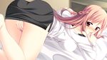  16:9 1girl ass bed blush braid breasts covering covering_crotch game_cg large_breasts long_hair looking_at_viewer looking_back lying miniskirt orange_hair pose posing red_eyes skirt skirt_lift teacher 