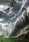  aircraft airship cloud dragon mountain multiple_boys noba pixiv_fantasia pixiv_fantasia_new_world scenery sky 