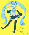  ahoge ai_kusunoki bad_id bad_pixiv_id blue_eyes blue_hair boots detached_sleeves hatsune_miku highres long_hair microphone nail_polish necktie open_mouth simple_background skirt solo spring_onion thigh_boots thighhighs twintails very_long_hair vocaloid yellow_background 