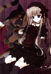  absurdres black_legwear blue_eyes cat copyright_request doll_joints elbow_gloves eyepatch frilled_legwear giant_cat gloves grey_hair headband heart heart_eyepatch highres inugami_kira lolita_fashion long_hair thighhighs very_long_hair 