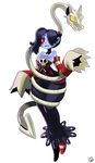  absurdres bare_shoulders blue_hair blue_skin breasts eric_lowery highres large_breasts leviathan_(skullgirls) red_eyes skull skullgirls solo squigly_(skullgirls) stitched_mouth stitches striped striped_legwear striped_sleeves zombie 