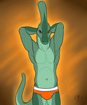  abstract_background anthro arms_behind_head biceps brown_eyes bulge dinosaur green_skin horn looking_at_viewer male navel parasaurolophus plain_background pose reptile scalie smile solo standing underwear vallhund 