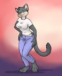  cat ear_piercing feline female jeans looking_at_viewer mammal piercing pink_nose solo standing whiskers 