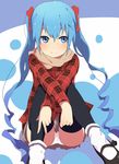  alternate_costume bad_id bad_pixiv_id black_legwear blue_eyes blue_hair checkered checkered_shirt hair_ribbon hatsune_miku long_hair long_sleeves looking_at_viewer ogipote panties pantyshot pantyshot_(sitting) ribbon scarf shirt sitting skirt smile solo thighhighs twintails underwear upskirt very_long_hair vocaloid white_panties 