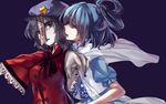  black_eyes blue_eyes blue_hair blurry chinese_clothes couple depth_of_field dress earrings grey_hair grey_skin hair_ornament hair_rings hair_stick hat hug_(yourhug) jewelry kaku_seiga miyako_yoshika multiple_girls ofuda outstretched_arms shawl simple_background star touhou yuri zombie_pose 