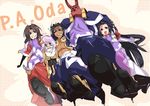  3boys absurdres black_hair blue_eyes bodysuit brown_hair dark_skin fuwa_mitsuharu glasses green_eyes grin highres horns kyoukaisenjou_no_horizon long_hair maeda_toshiie_(horizon) msg01 multiple_boys multiple_girls oichi_(horizon) purple_eyes purple_hair sassa_narimasa shibata_katsuie_(horizon) short_hair smile 