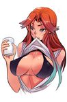  bikini_top blue_eyes breasts brown_hair glass gradient_hair large_breasts long_hair malon milk mouth_hold multicolored_hair older pointy_ears shirt_lift sho-n-d sideboob solo the_legend_of_zelda the_legend_of_zelda:_ocarina_of_time 