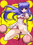  :d bell blush breasts china_dress chinese_clothes covered_nipples double_bun dress dual_wielding fang hair_ornament highres holding jingle_bell legs long_hair mace medium_breasts navel open_mouth panties purple_hair ranma_1/2 shampoo_(ranma_1/2) shoes smile solo squatting toron_(mino106) underwear weapon 