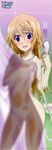  absurdres bathing bathroom blonde_hair blush charlotte_dunois collarbone contrapposto covering d: embarrassed highres infinite_stratos jewelry long_hair long_image looking_at_viewer navel necklace nude nude_cover official_art open_mouth purple_eyes see-through short_hair shower_curtain shower_head silhouette standing stick_poster tall_image tareme wet 